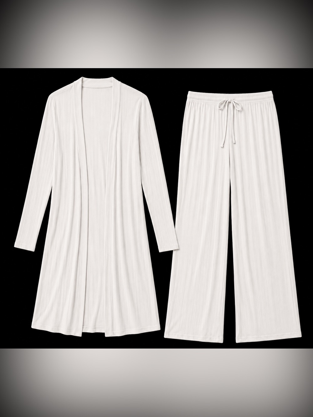 Women's Ribbed Long Lounge Cardigan & Drawstring Pants Set - Cream